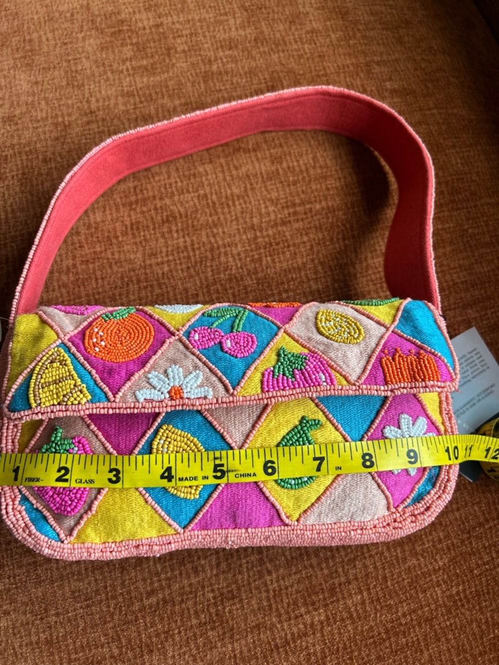 America & Beyond Beaded Pink Colorful Fruit Floral Shoulder Bag New - Picture 8 of 9
